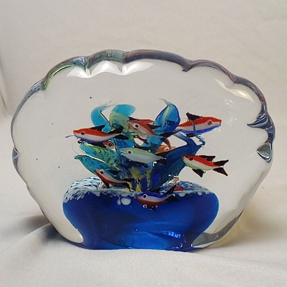 Blown Glass Art Fish Aquarium Paperweight Heavy Colorful Clear